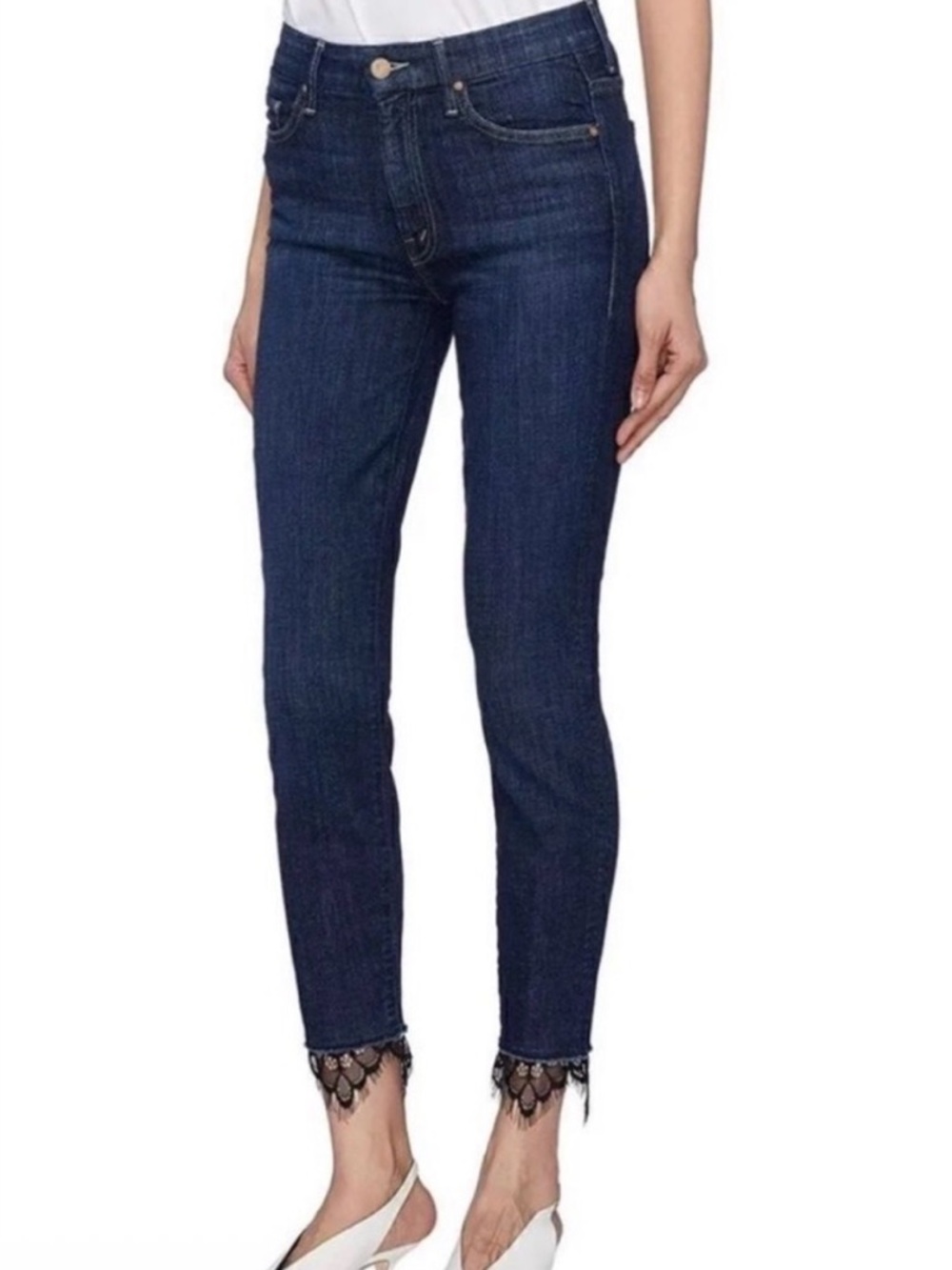 Mother High Waisted Looker Dagger Ankle Fray Jeans in Lacey Clean Sweep
